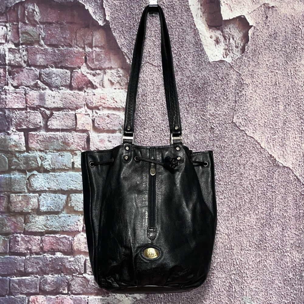 Basido Black Leather Bucket Tote Shoulder Satchel Handbag